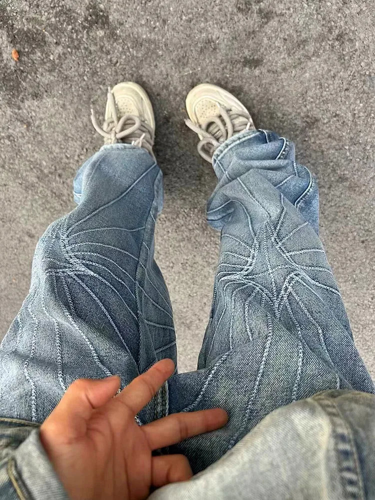 Ropa Y2K Streetwear Web Embroidery Baggy Stacked Jeans Pants For Men Clothes Washed Blue Gothic Punk Denim Trousers 240912