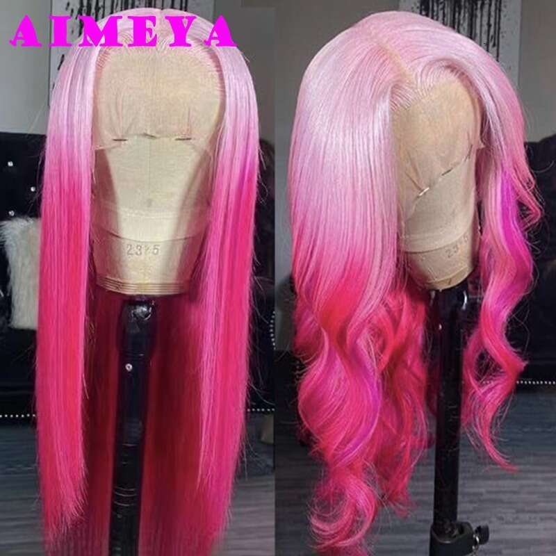 Ombre Pink Lace Front Fashion Synthetic Long Silky Straight Body Wave Rose Red Wig Halloween Cosplay Makeup