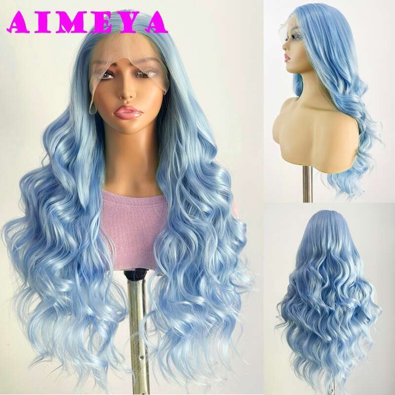 AIMEYA Sier Grey Synthetic Long Body Wave Front Light Gray Heat Resistant Hair Lace Daily Use Cosplay Wig