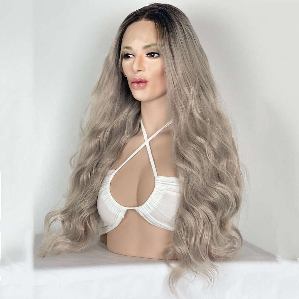 Heat Resistant Synthetic Platinum Ash Sier Blonde Light Gray Ashy Wavy Long Human Hair Blend Front Wig HD Lace
