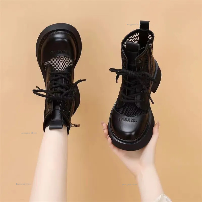 New 2024 Summer Mesh Martin Boots Womens Hollow Mid Heel Short Boots Thin Breathable Thick Sole Lace Cool Boots