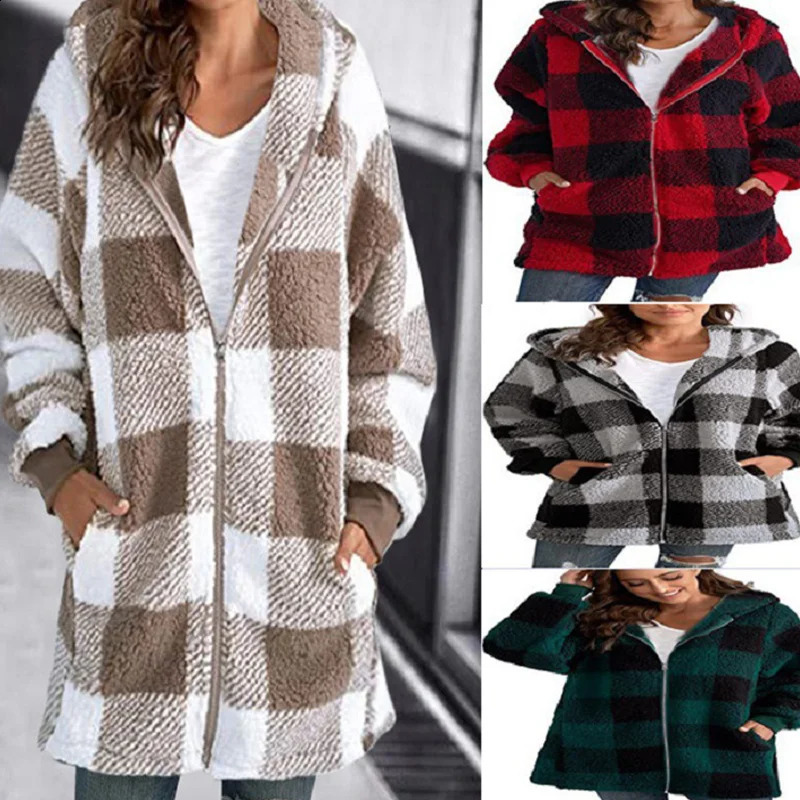 Autumn Winter Plaid Faux Fur Coat Women Teddy Coat Hooded Jackets Female Furry Teddy Bear Plush Jacket Women 240911