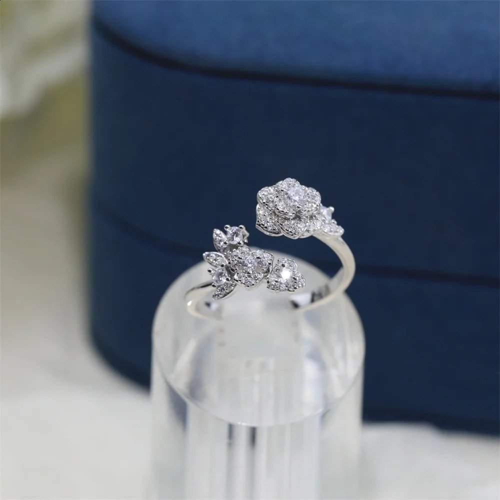 All diamond rose polyester ring pure silver open top ring Exquisite and Versatile ring 240914