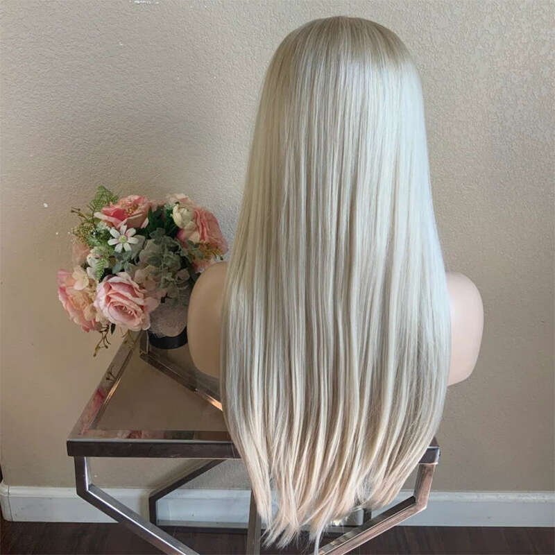 Ash Blonde Synthetic Front For Women #60 Long Straight 26" Pre Plucked 30% Human Hair Heat Resistant Lace Wig Daily Use