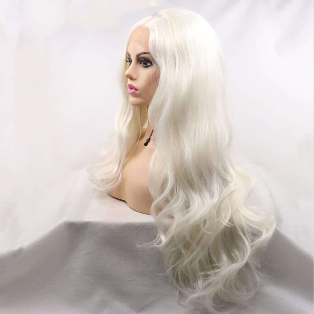 Platinum Blonde Synthetic Lace Front Heat Resistant Fiber White Wavy Natural Looking Fashion Wigs Cosplay Daily Wear 28"