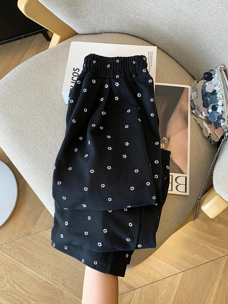 Retro floral womens pants high waisted fully matched with Korean fashion Y2K casual autumn loose 240913