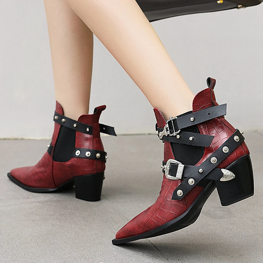 DoraTasia Plus Size 34-50 Womens Short Fat High Heels Pedal Boots Corner Buckle Rivet Boots Womens Party Ol Womens Shoes 240914