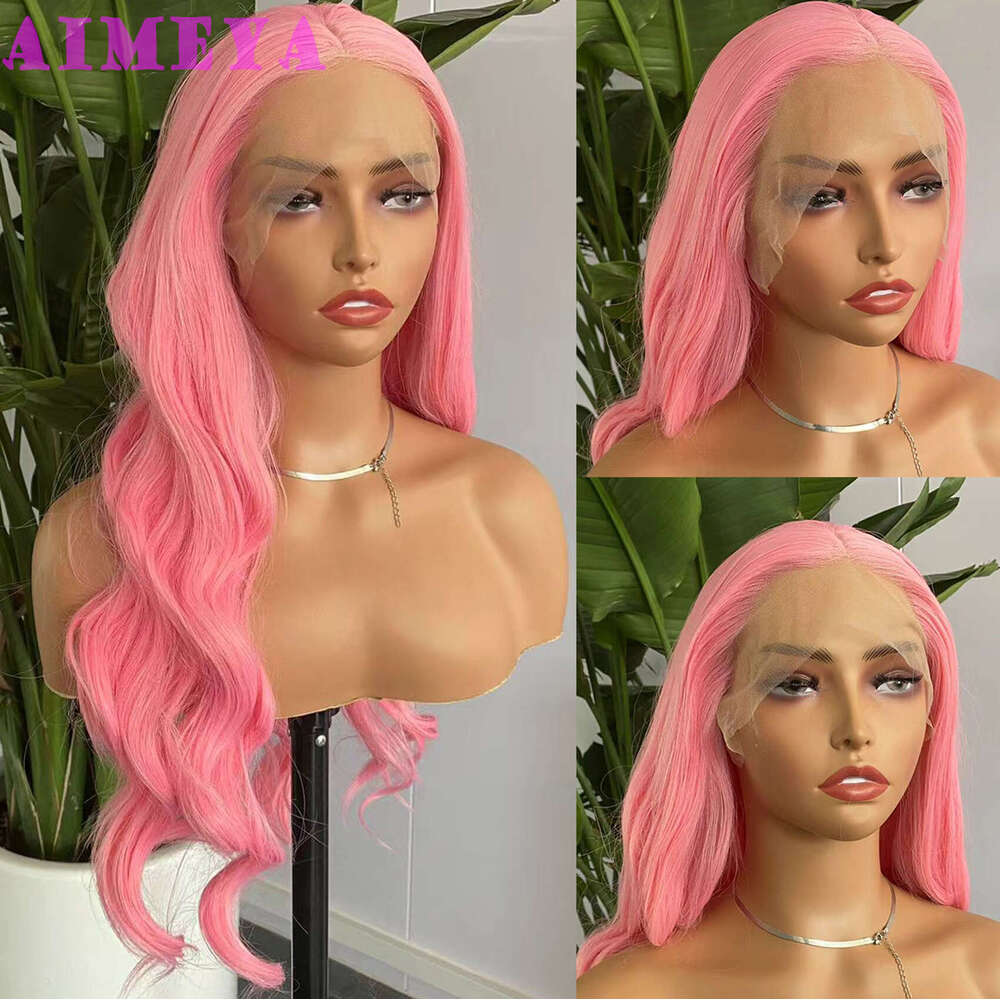 AIMEYA Lace Front For Women Girls Middle Part Long Body Wave Pink Wig Heat Resistant Synthetic Hair