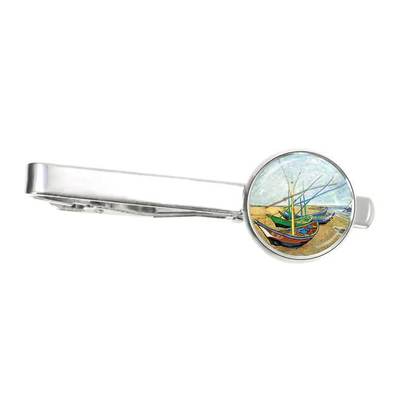 Mens New Fashion Van Gogh Oil Painting Tie Clip Copper Metal Simple Neck Tie Pin Set Pin Button Gift W240914