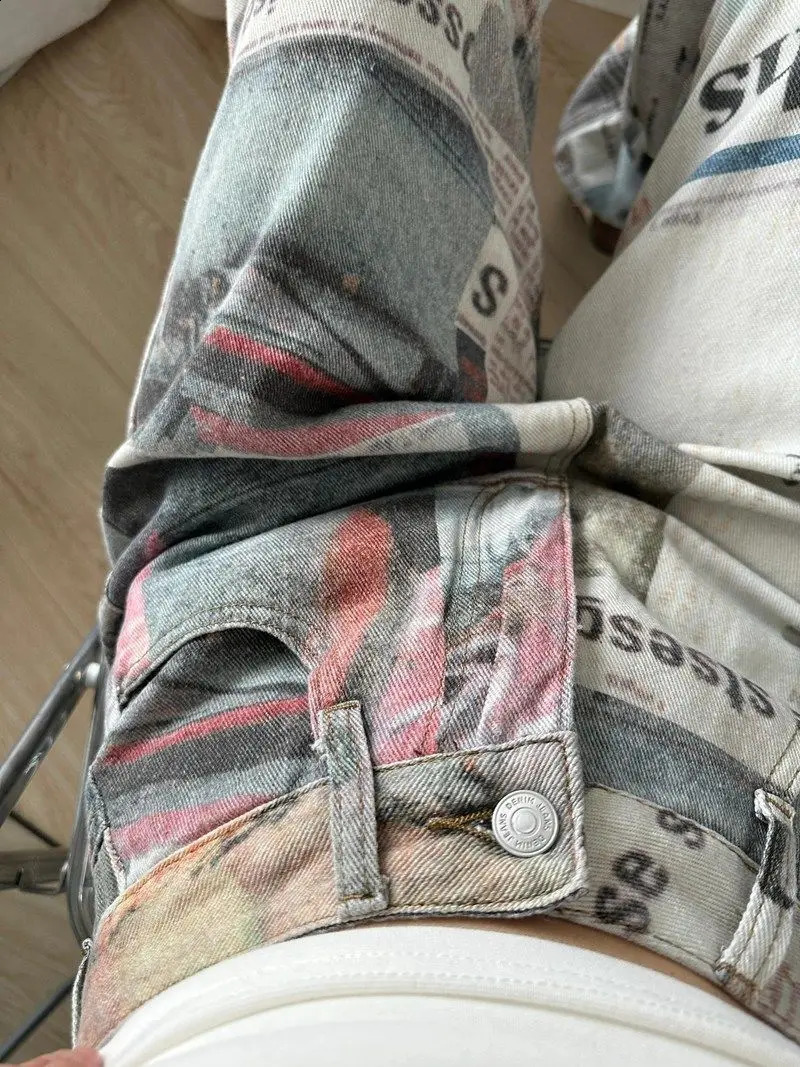 American style high street personalized printed spaper jeans for men and women summer straight tube loose wide leg pants y2k 240911