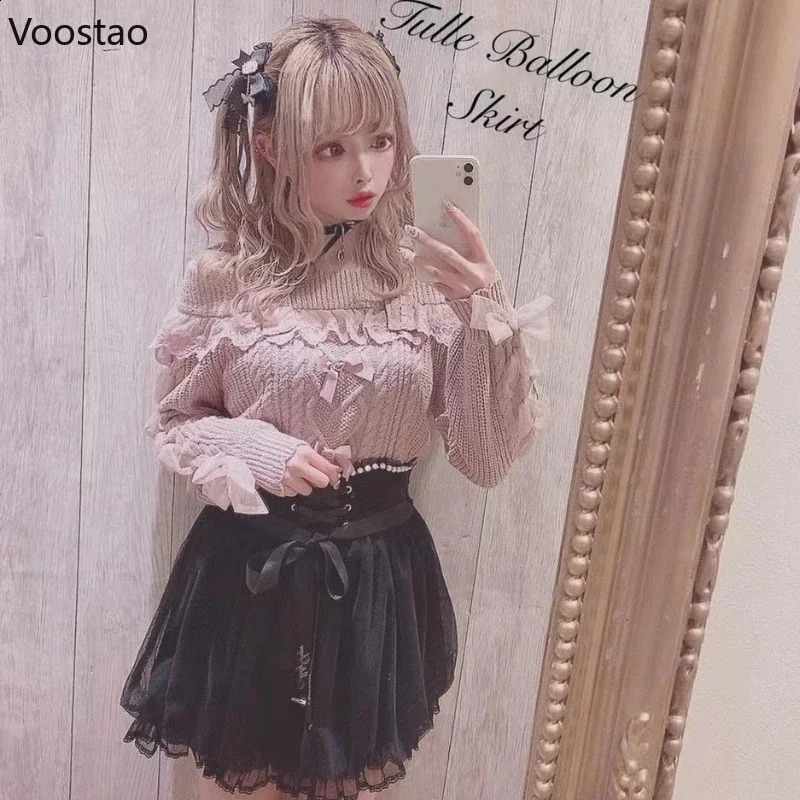 Vintage Sweet Lolita Style Knitted Pullover Autumn Girls Cute Off Shoulder Lace Ruffles Bow Sweater Women Harajuku Knitwear Tops 240911