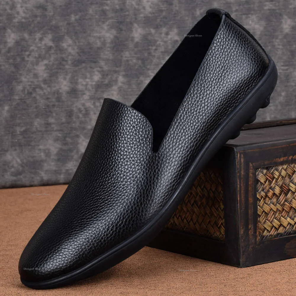 Casual Loafers Men Comfortable Lightweigh Walking Footwear High Quality Black Flat Breathable Slip On Male Leather Shoes