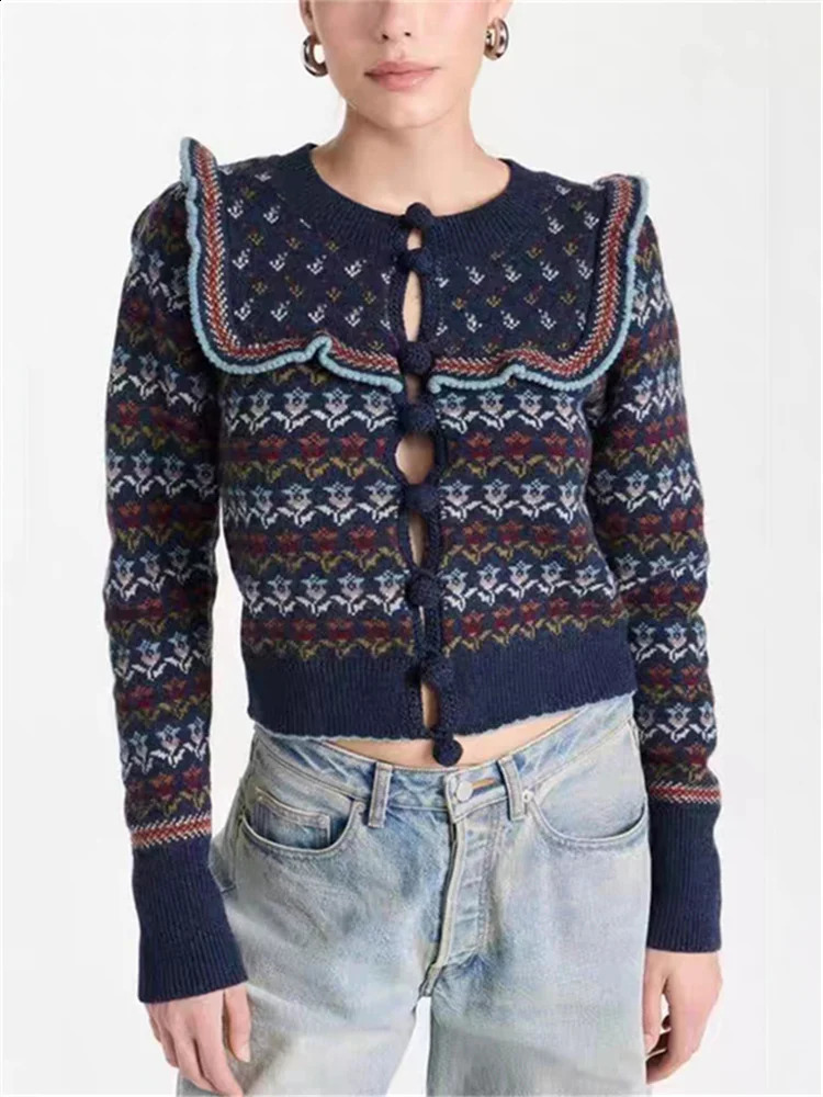 Women Wool Sweater Jacquard Round Neck Single Breasted Sweet Female Knit Cardigan 240904
