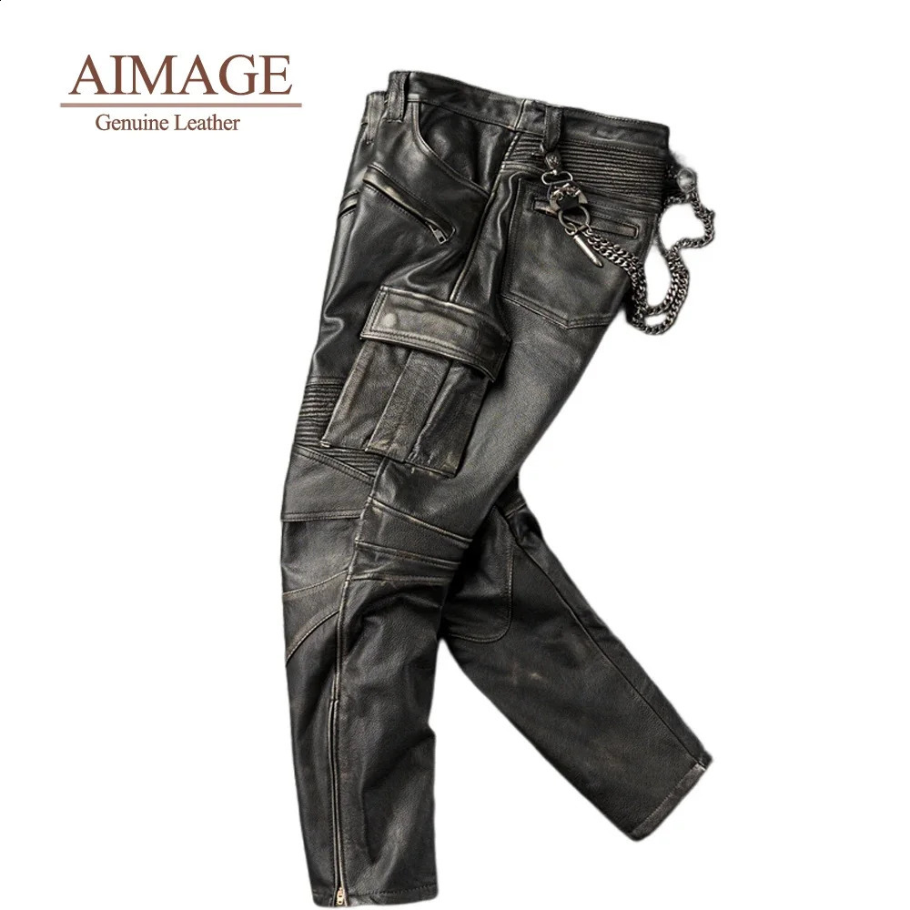 Retro mens denim leather pants with multiple pockets Pantalones De Cuero Moto Ride Pantalon Cuir travel windproof latex mens PY416 240913