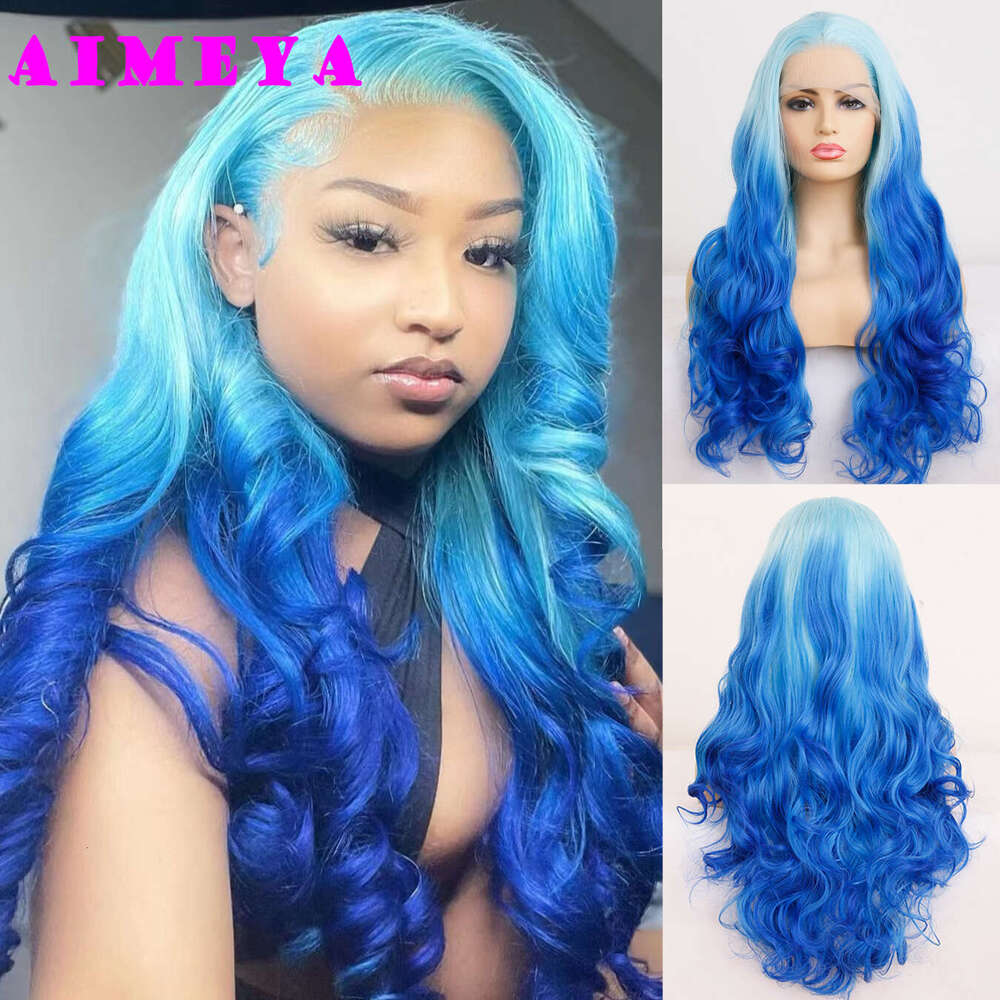 AIMEYA Ombre Synthetic Lace Front Wigs For Women Long Body Wave Blue Wig Natural Haire Daily Use Cosplay