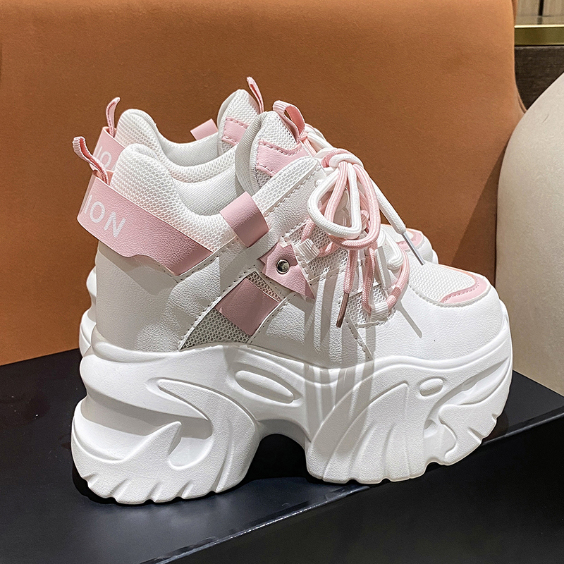 10.5CM Women Platform Sneakers Lace-up Autumn Sports Dad High Top Chunky Casual Woman Thick Bottom Mesh White Shoes