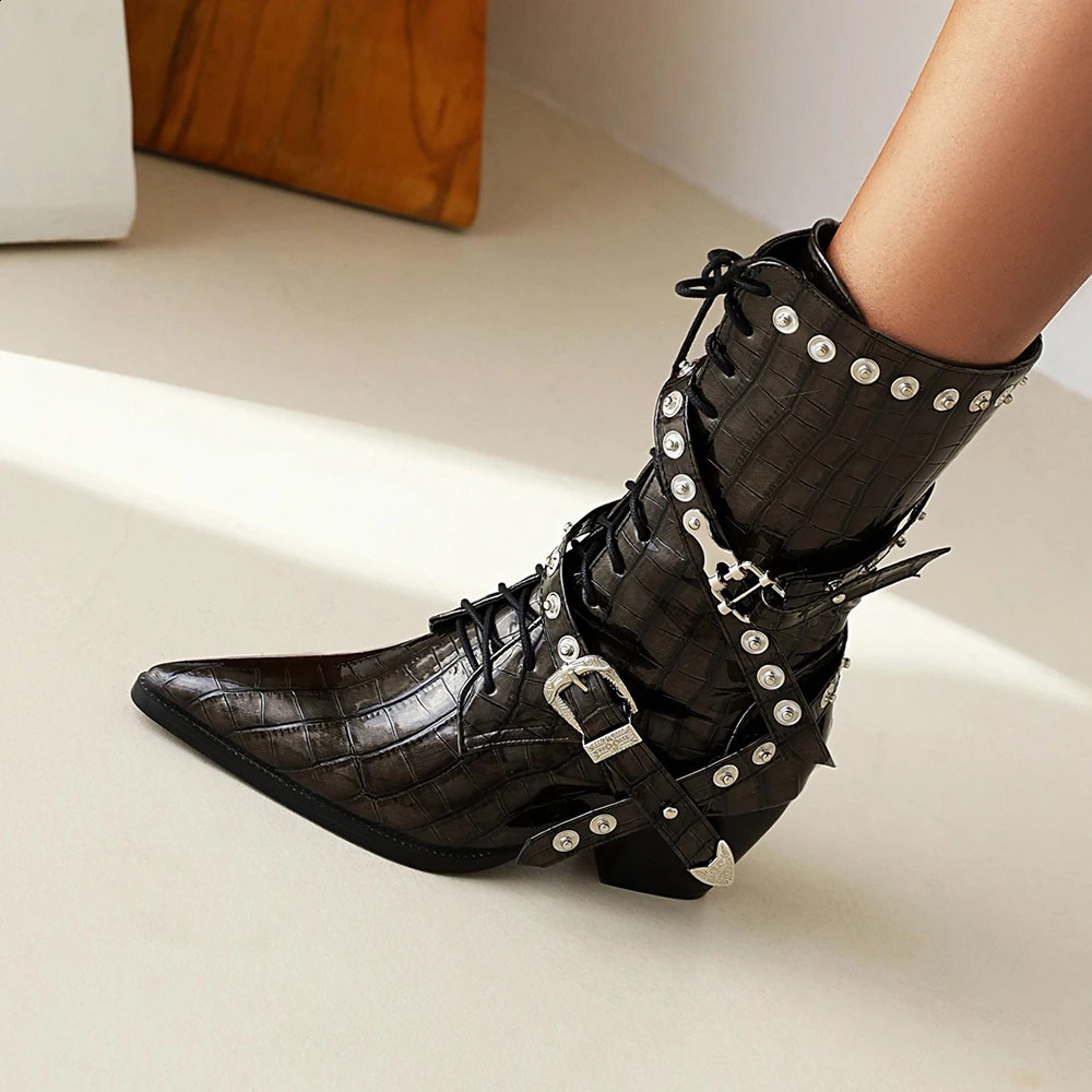 retro womens mid calf boots thick high-heeled shoelaces buckle boots corner toes rivet boots womens gothic punk party shoes 41 240914