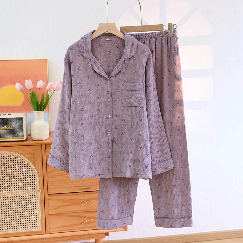2023 100% Cotton Women's Pama Autumn Spring Long Sleeve Soft Sleepwear Cherry Print Pyjama Woman Home Nightwear Set Cardigan