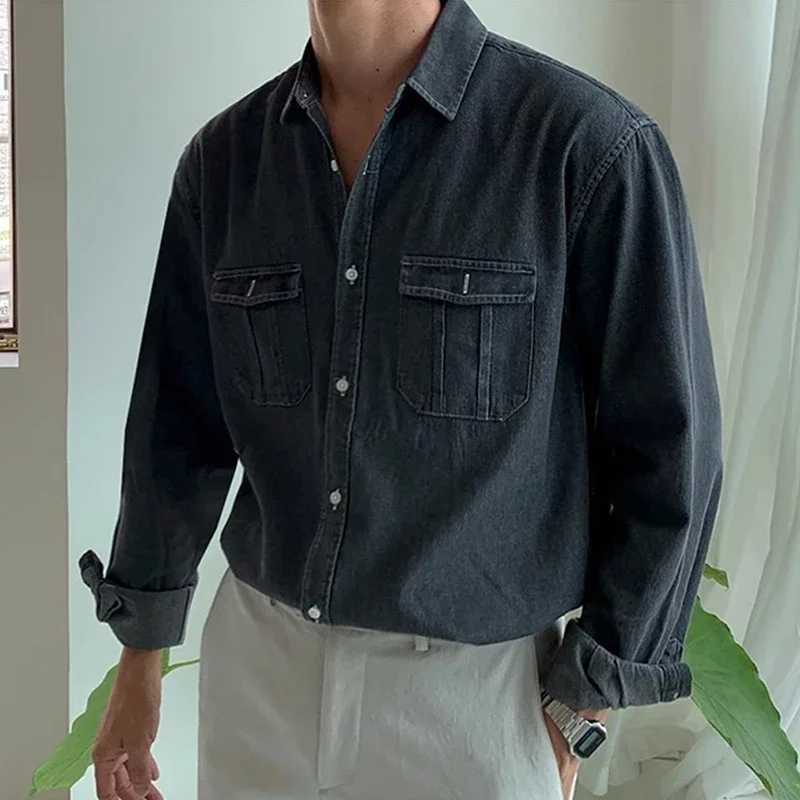 Streetwear Mens Denim Shirts Fashion Patchwork Pockets Long Sleeve Jean Shirt for Men Vintage Solid Color Button Denim Cardigans W250227