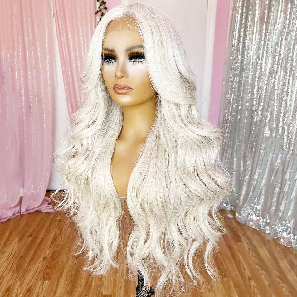 AIMEYA Platinum For Women Long Body Wave Lace Front Wigs Heat Resistant Synthetic Hair Blonde Wig Daiy Use Cosplay