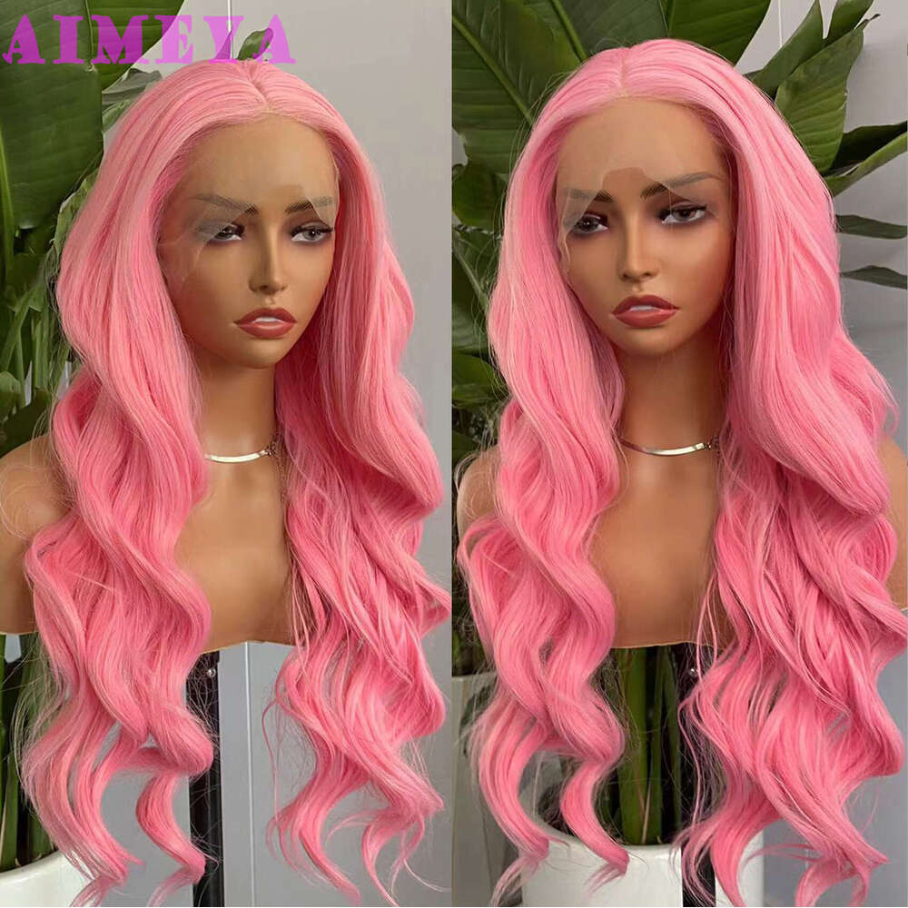 AIMEYA Lace Front For Women Girls Middle Part Long Body Wave Pink Wig Heat Resistant Synthetic Hair