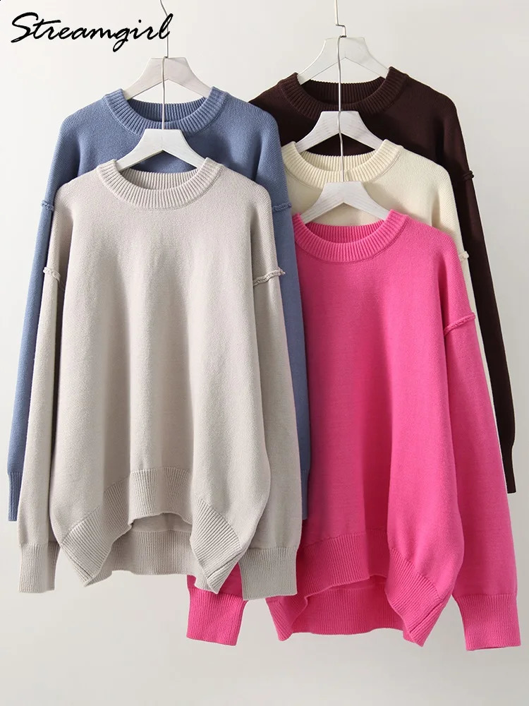 Blue oversized womens sweater winter thick beige floral autumn fashionable loose Oneck jumping 240906