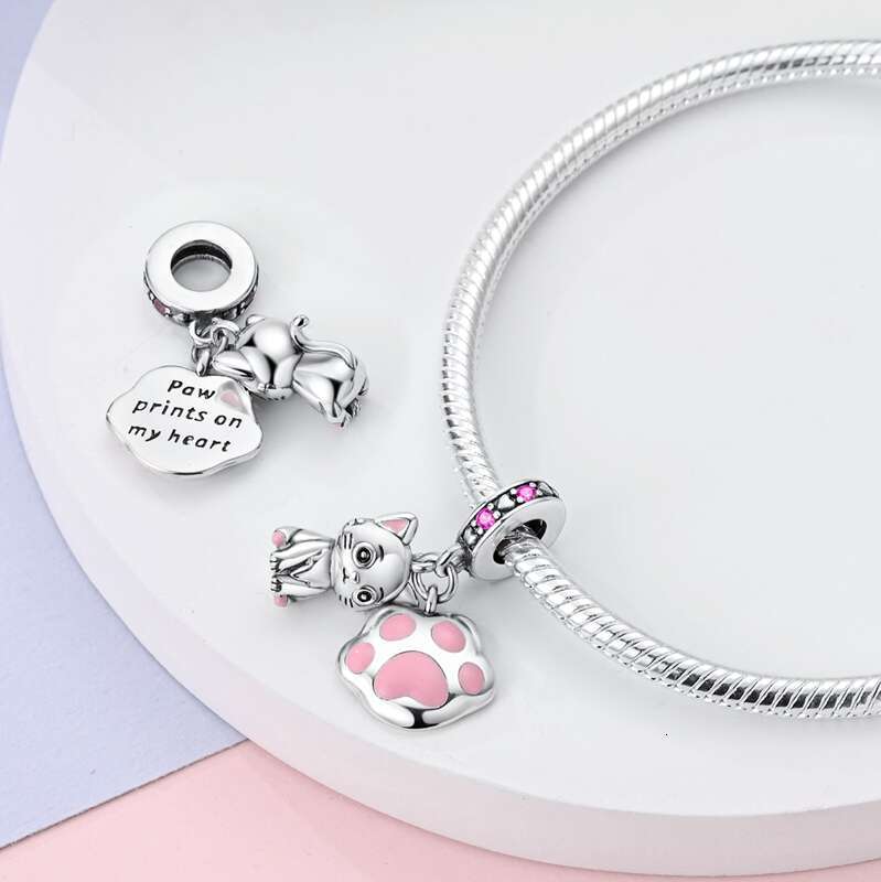925 Sterling Silver Teacup Music Pink Cat Paw Charms Beads Fit Original Bracelet Fine DIY Cute Jewelry Gift