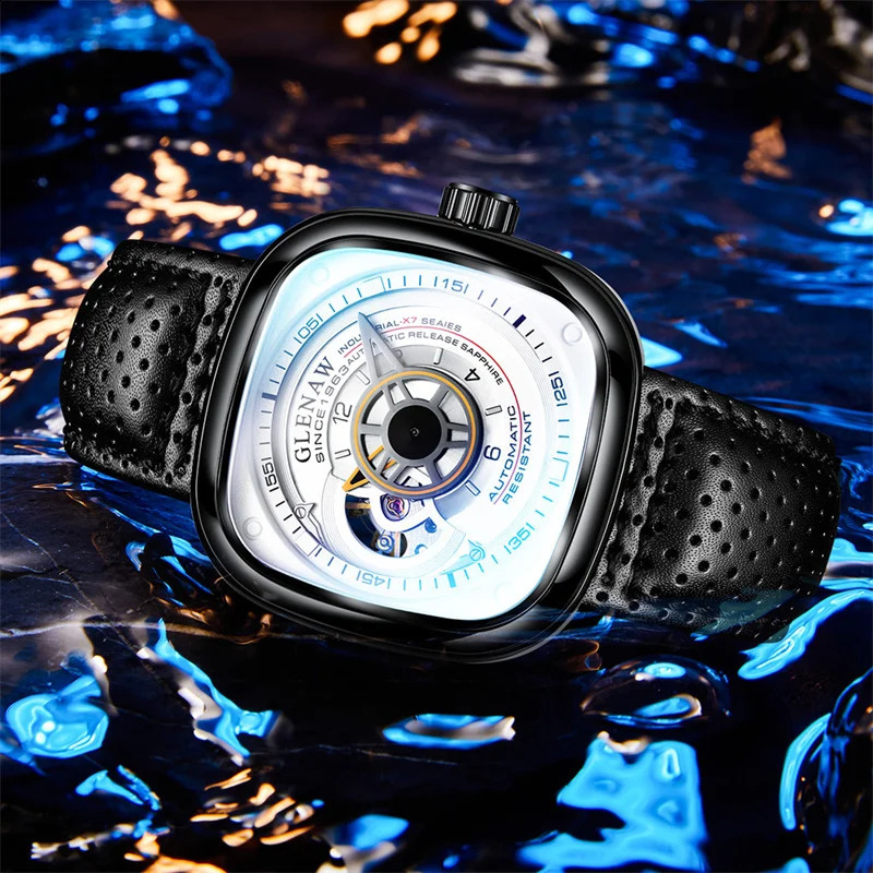 GLENAW Mechanical Watch for Men Breathable Leatherstainless Steel Automatic Skeleton Mens Watches Top Reloj Hombre 240906