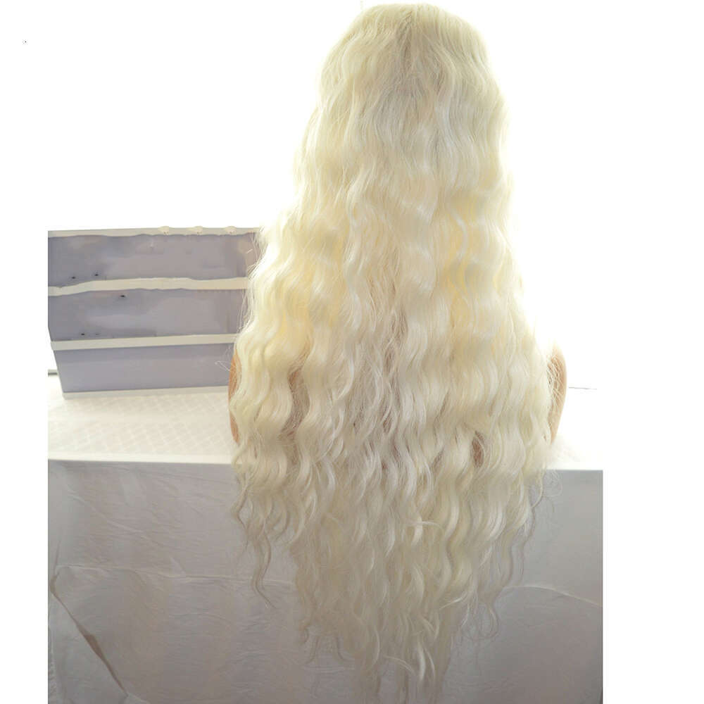 Wavy Curly Long 30 Inches Wig Fringe Bangs Center Part Ice Platinum Blonde Human Hair Blends Heat Friendly Synthetic Fibers