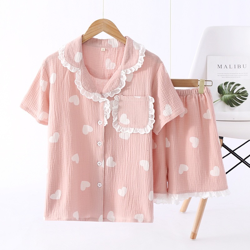 100% Cotton Gauze Summer 2-Piece Set Short-Sleeved Heart Print Ladies Pamas Women Sleepwear Of Whitelace