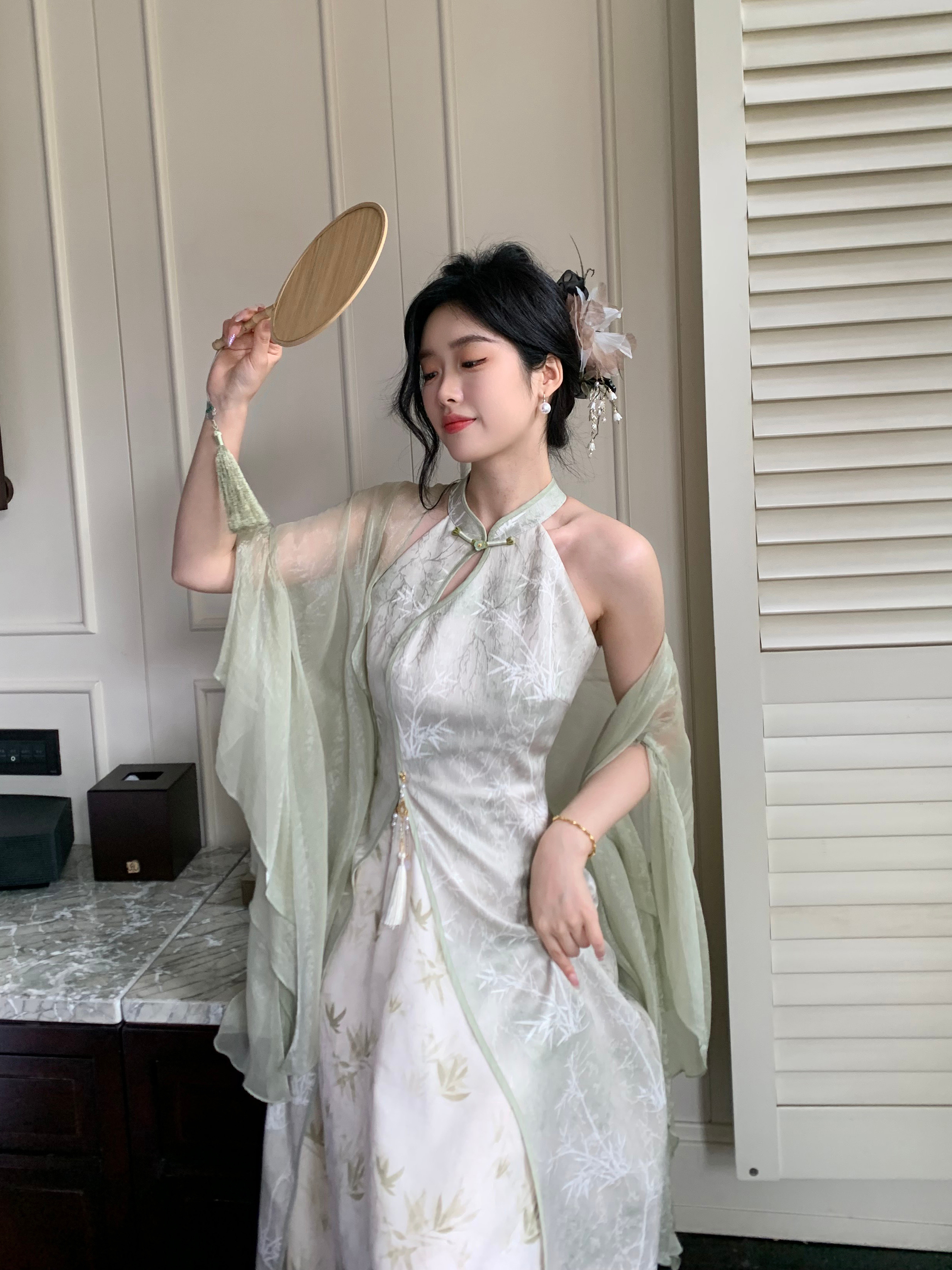 Blovelan Hanfu Style Cheongsam Dress - Bamboo Shadows Jacquard Print, Chinese Traditional Halter Neck Qipao