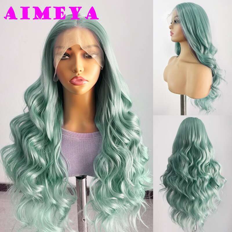 Mint Green Long Body Wave Front For Women Heat Resistant Synthetic Hair Lace Daily Use Cosplay Wig