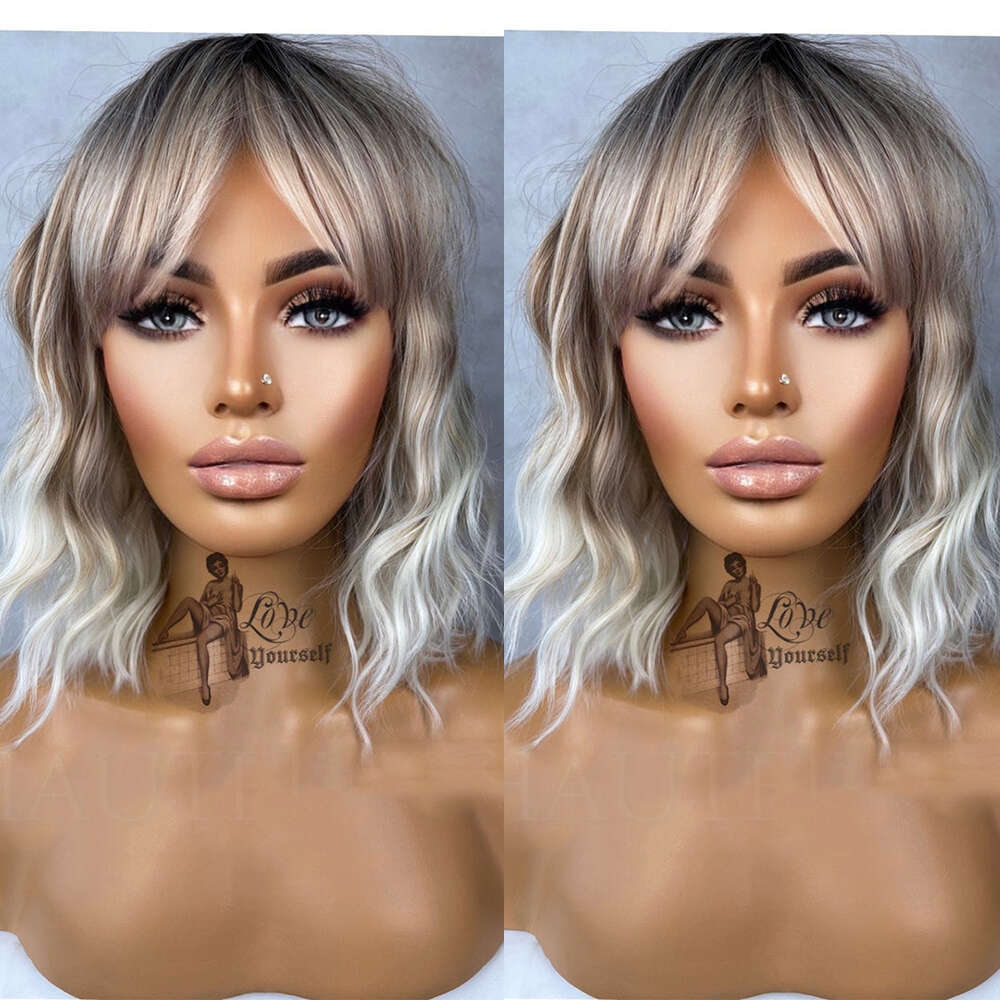 Ash Blonde Brown Balayage Highlights Strea 14 Inch Bob Wavy Lace Front Fringe Bangs Womens Wig Eye Catching Short