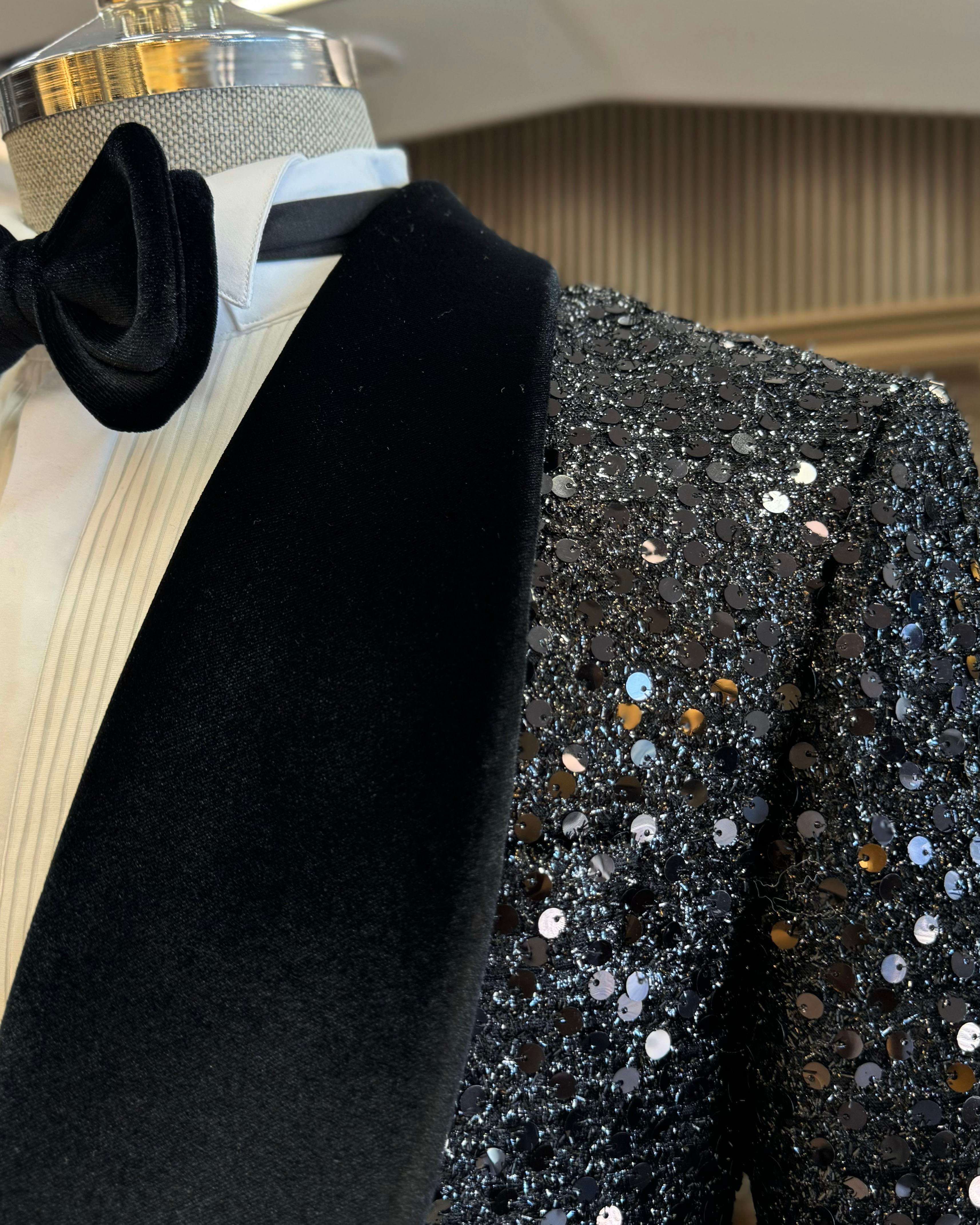 Sequined Mens Wedding Velvet Shawl Lapel One Button Jacket Pants Suits 2 Pieces Birthday Party Prom Formal Groom Wear