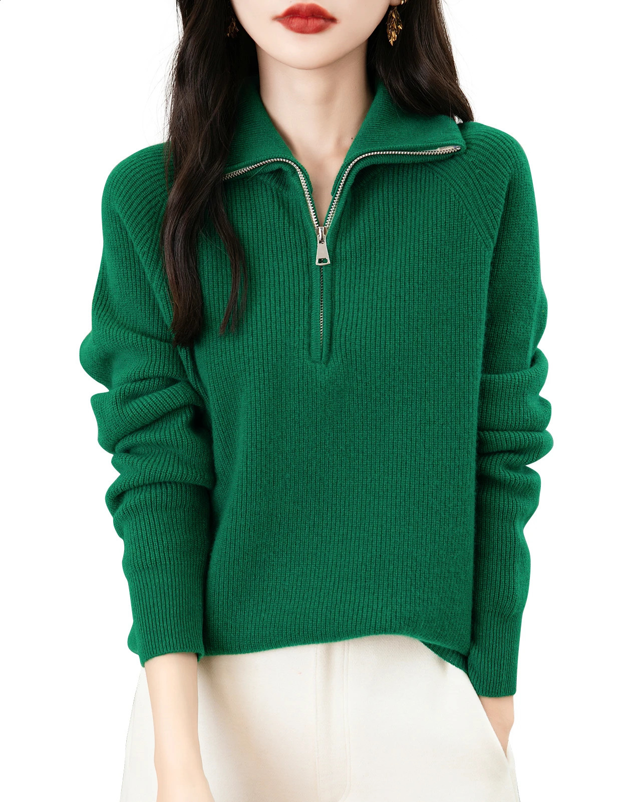 Turtleneck Womens Sweater 100% Merino Wool AutumnWinter Zipper Floral Casual Long Sleeve Knitted Top Clothing 240906