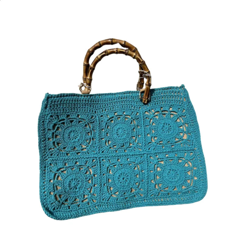 Retro bamboo handbag womens crochet hook large capacity handmade hollow beach bag casual summer 240913
