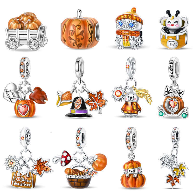 Autumn New 925 Sterling Silver Brown Maple Leaf Pumpkin Bee Charms Bead For Original Bracelets DIY Jewelry Warm Gift