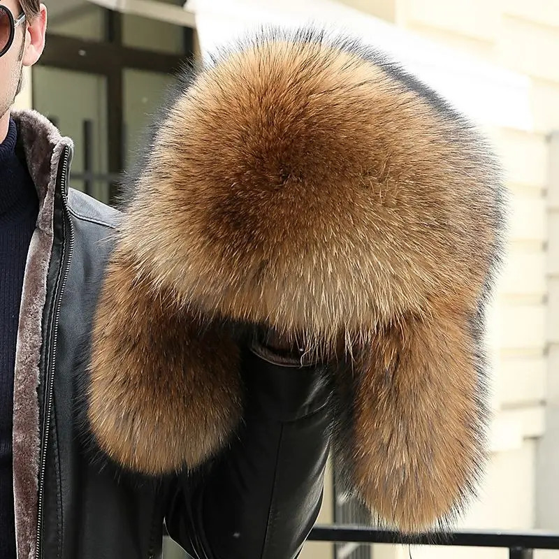 Real Fur 100% Fox Skin Russian Businessmen Pilot Bombers Full Mao Mens hat Ushanka Winter Ear Guard Hat Raccoon Fur Beanie hat 240910