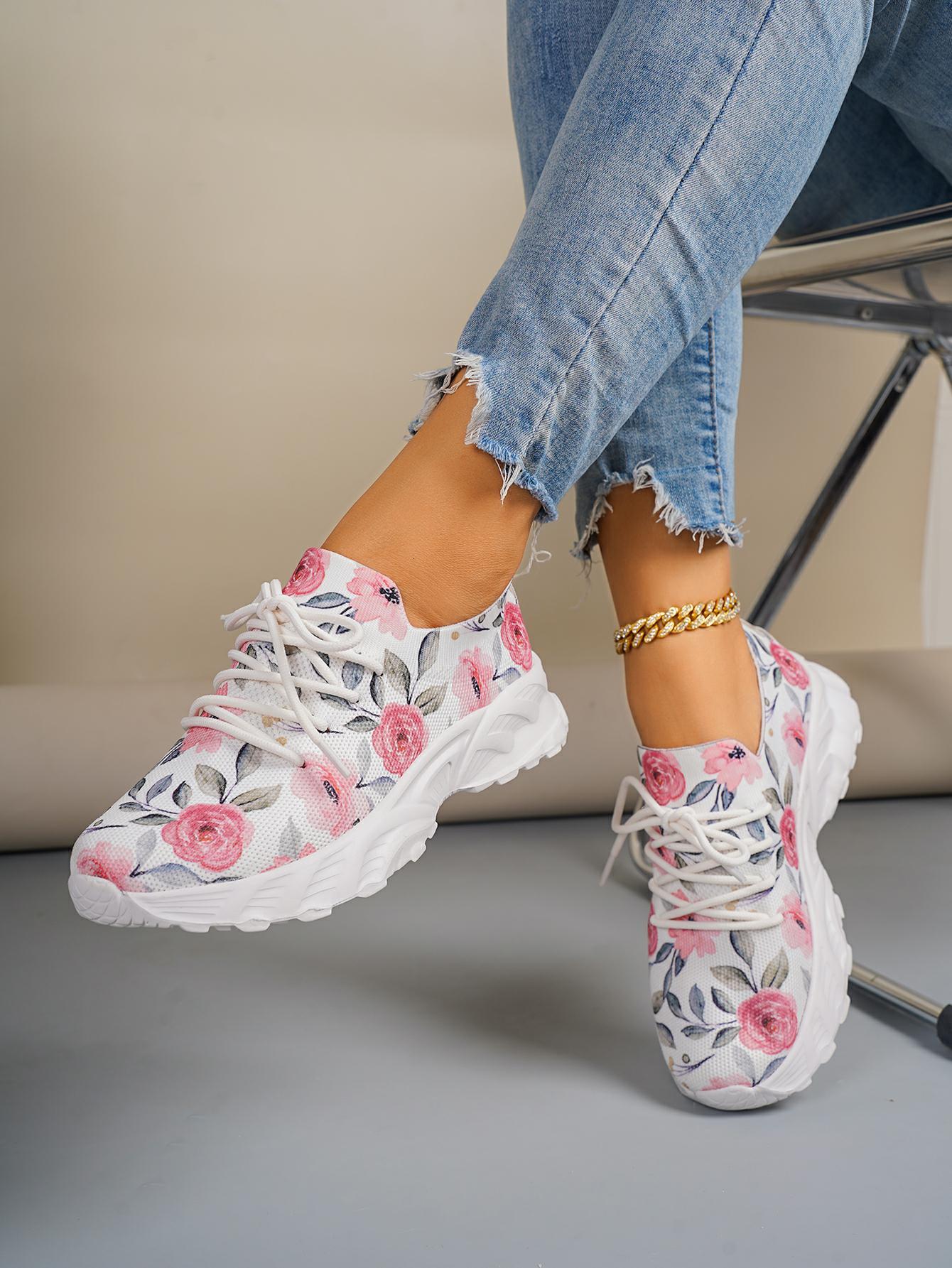 New Women's Vulcanize Round Toe Flat for Lace Up Platform Shoes Outdoor Light Causal Print Low Top Women Flats