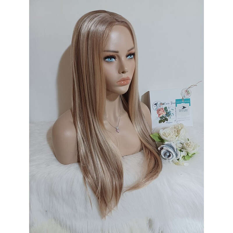 Light Blonde Balayage High-Quality Hair Lace Front Dark Roots Heat-Resistant Synthetic Fiber Straight Wig 26"