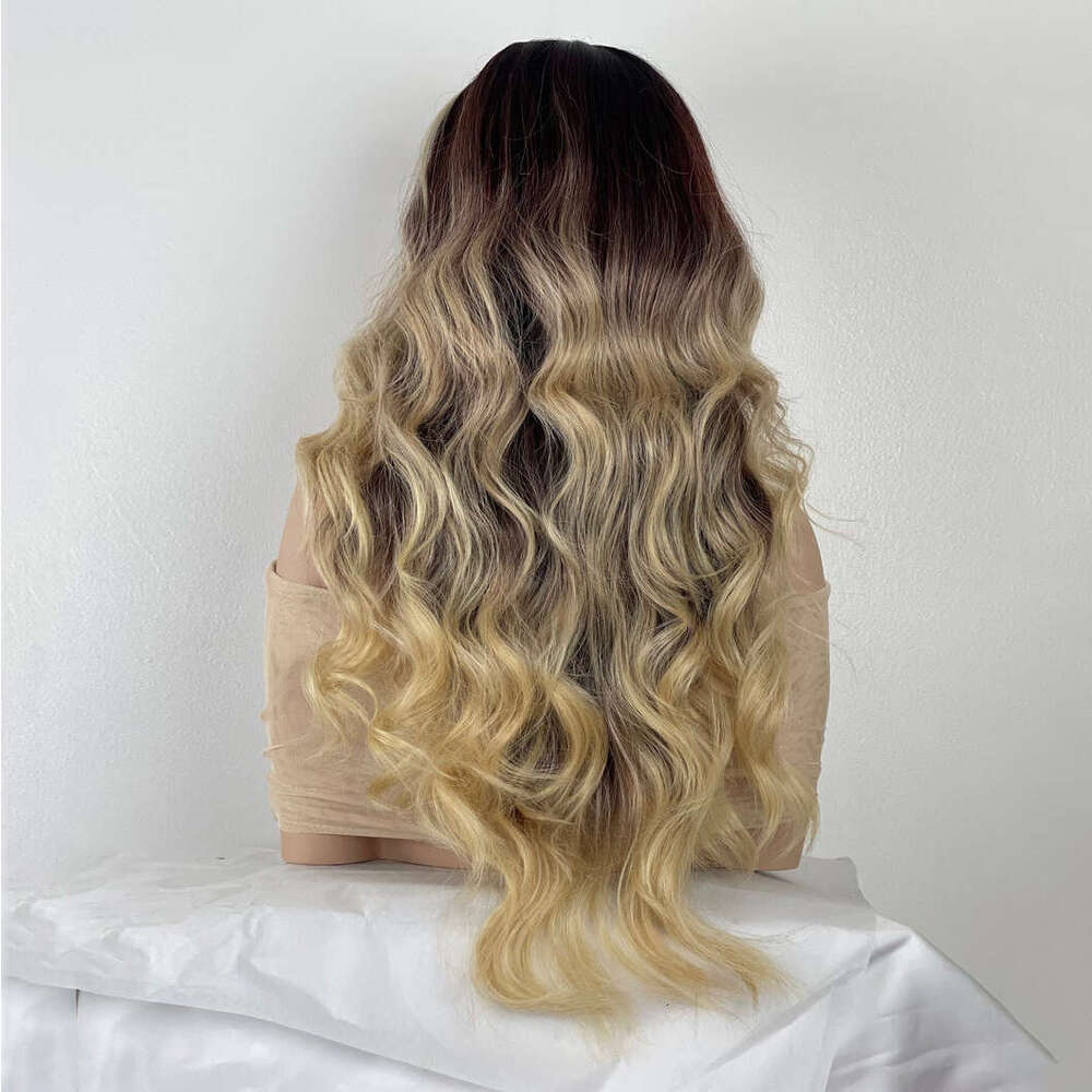 Blonde Brown Balayage Ombre Synthetic Fiber 28" Long Wavy Human Hair Blend Lace Front Wig Free Parting Heat Resistant