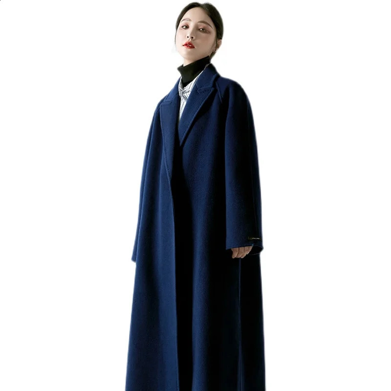 Navy Blue Double Face Wool Coat Women Autumn Winter Notched Collar Long Belt Overcoat Korean Style Vintage Woolen Coat 240911