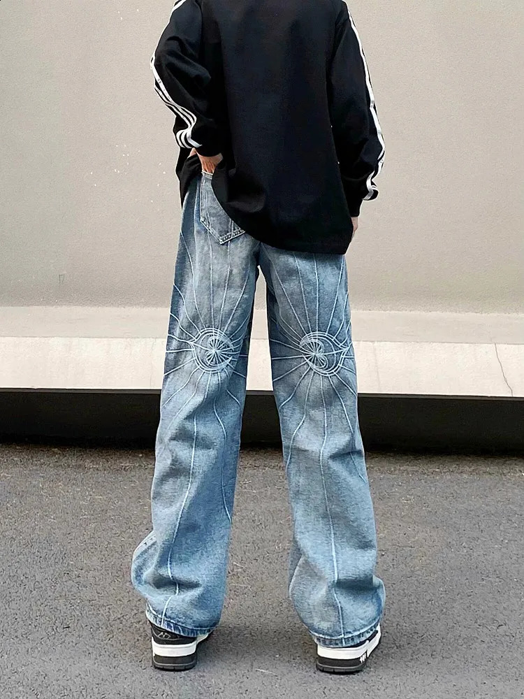 Ropa Y2K Streetwear Web Embroidery Baggy Stacked Jeans Pants For Men Clothes Washed Blue Gothic Punk Denim Trousers 240912