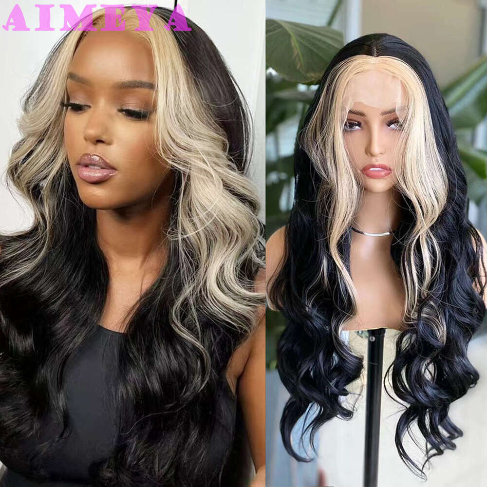 AIMEYA Black Wig With Blonde Highlights Long Body Wave Lace Front Synthetic Hair Wigs For Women Daily Use Cosplay