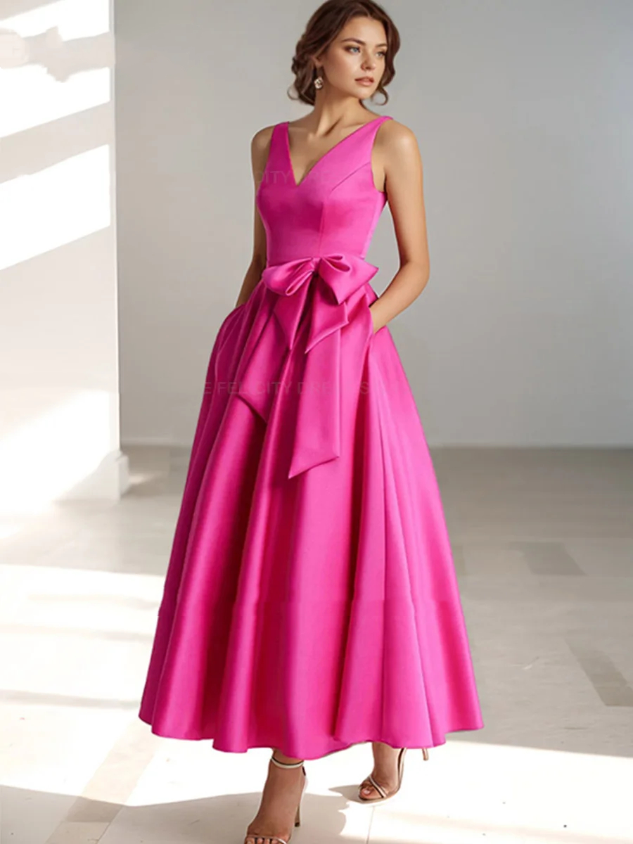 Ankle Length A Line Simple Mother Of The Bride Dresses With Pockets Bow V-Neck Sleeveless Fuchsia Satin Wedding Guest Dress Ladies Elegant Formal Part