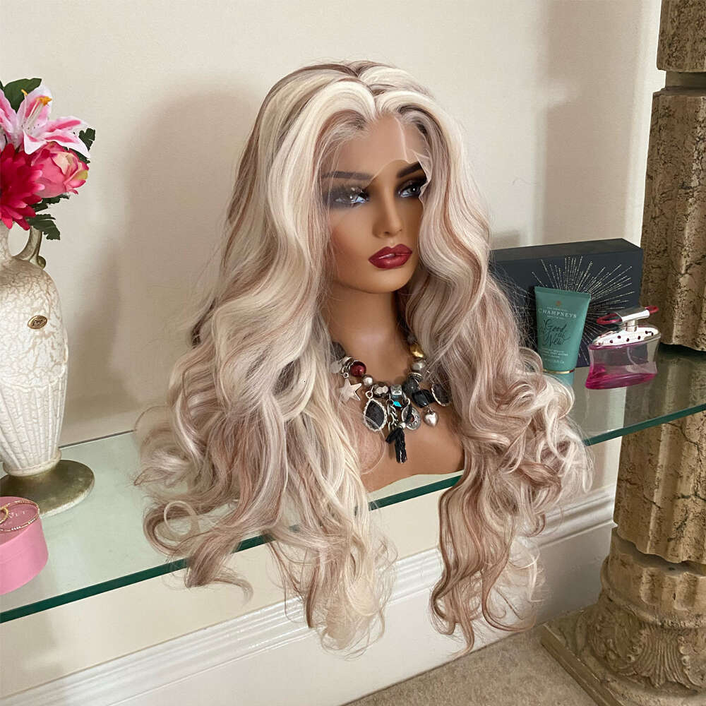 Blonde Brown Highlights Human Synthetic Mix Wigs Natural Haire 28Inch Heat Resistant Body Wave Lace Front Wig For Women