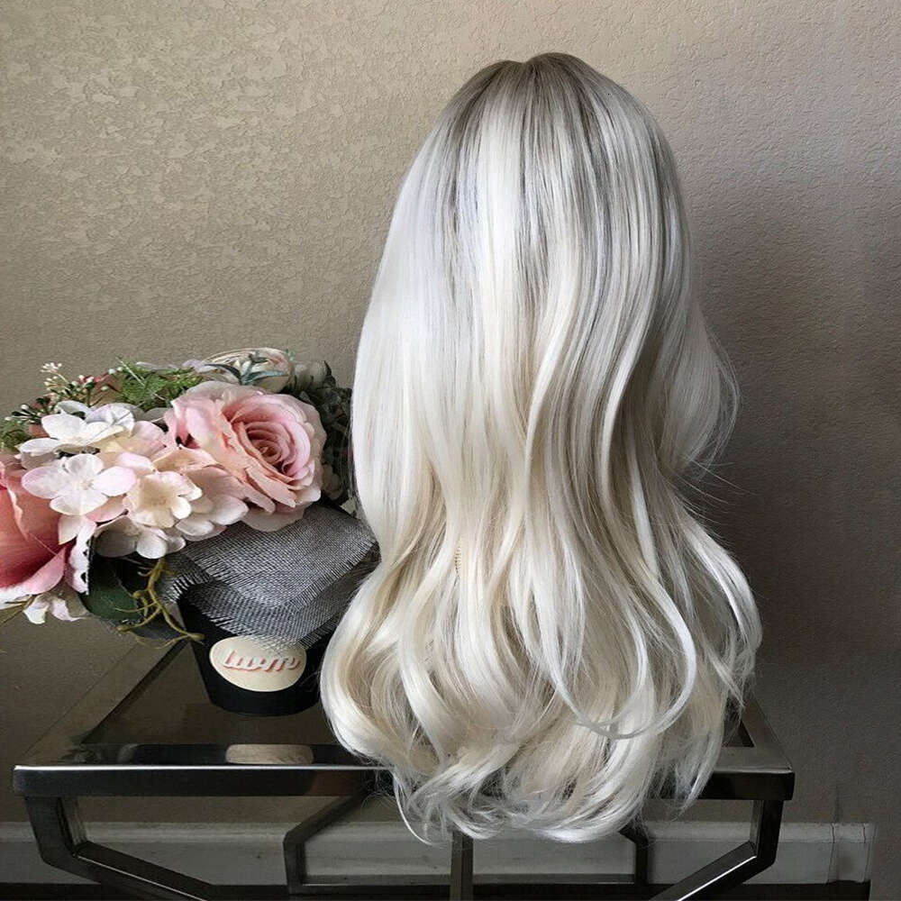 24'' Ombre Dark Root Platinum Blonde Synthetic Front Heat Friendly Fiber Wavy 10% Mixed Human Hair Lace Wig Cosplay