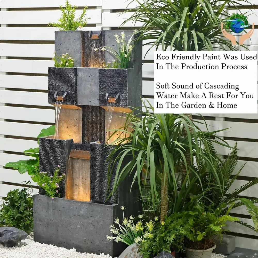 45.3-inch Garden Fountain Outdoor Home Art Decoration 3-story Modern Stacked Outdoor Waterfall Fountain with Lights 240910