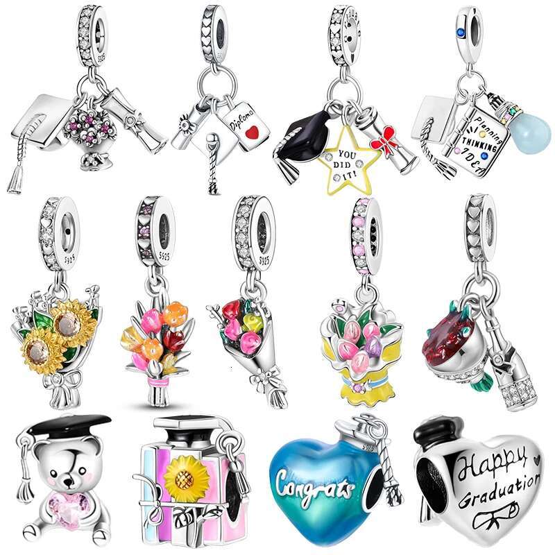 S925 Sterling Silver Graduation Season Series Colored Bachelor's Hat wer Charms Beads Fit Original Bracelets Jewelry