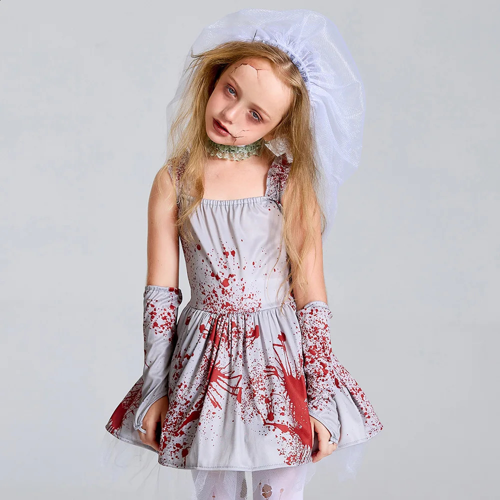 Girl Corpse Bride Horror Cosplay Children Halloween Bloody Walking Dead Zombie Costume Carnival Purim Cosplay Party Dress 240906